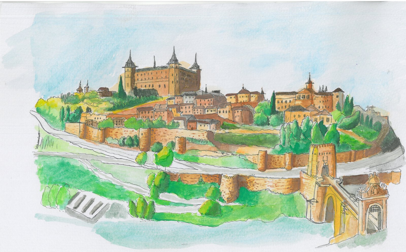Ilustración en acuarela de Toledo y el Cigarral El Bosque